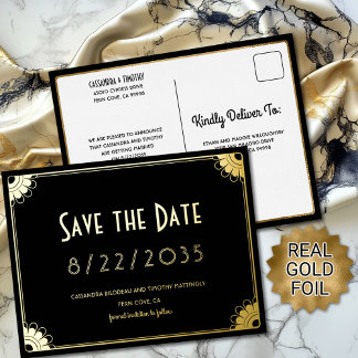 Carte Postale D'invitation À Feuilles D'aluminium Black Gold Art déco mariage floral Enregistrer la 