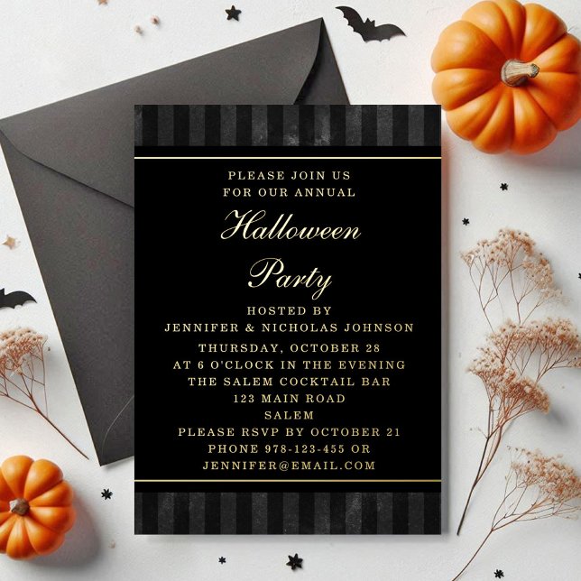 Carte Postale D'invitation À Feuilles D'aluminium Black Stripes Halloween Party Gold (Black Stripes Halloween Party Gold Foil Invitation Postcard)