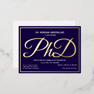 Carte Postale D'invitation À Feuilles D'aluminium Bleu Gold Doctorat