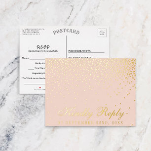 Carte Postale D'invitation À Feuilles D'aluminium Blush Rose & Glam Confetti Mariage RSVP Real
