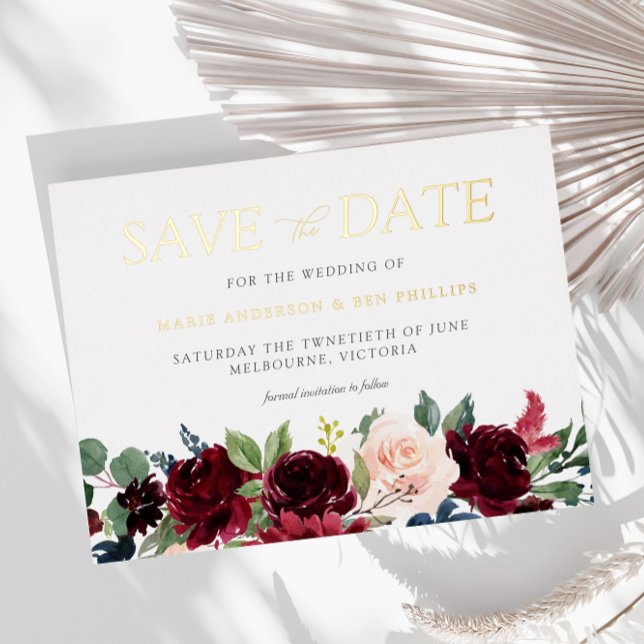 Carte Postale D'invitation À Feuilles D'aluminium Burgundy Fleurs aquarelles Mariage Enregistrer la  (Créateur téléchargé)