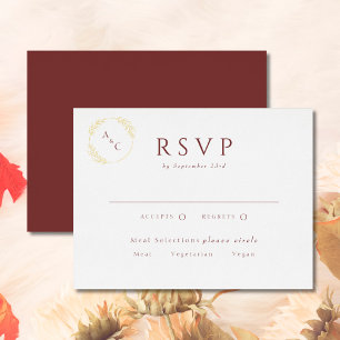 Carte Postale D'invitation À Feuilles D'aluminium Burgundy Simple Monogramme Feuilles RSVP Or