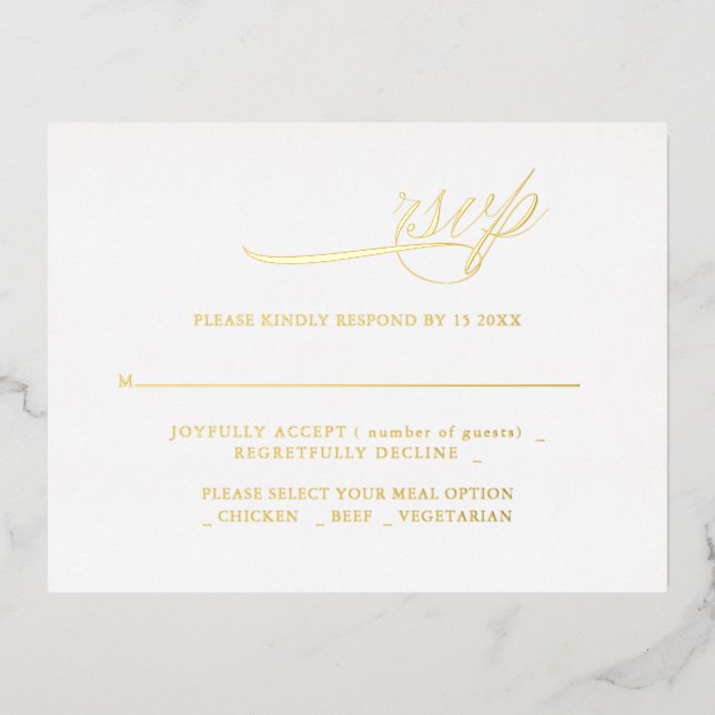 Carte Postale D'invitation À Feuilles D'aluminium Calligraphie moderne minimalisrt mariage RSVP (Recto)