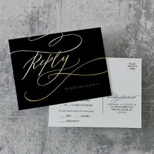 Carte Postale D'invitation À Feuilles D'aluminium Calligraphie romantique Repas à huile noir et or R