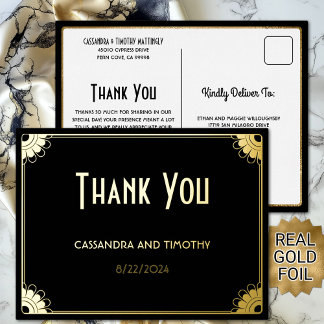 Carte Postale D'invitation À Feuilles D'aluminium Chic Black Gold Art déco Mariage Floral Merci