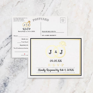 Carte Postale D'invitation À Feuilles D'aluminium Chic Monogramme Mariage anneaux RSVP Real