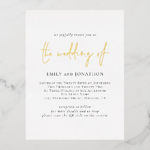 Carte Postale D'invitation À Feuilles D'aluminium Code QR de mariage réel de script moderne