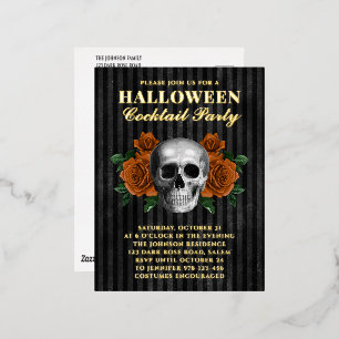 Carte Postale D'invitation À Feuilles D'aluminium Crânes Roses Orange Halloween Cocktail Fête Or