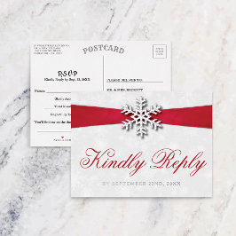 Carte Postale D'invitation À Feuilles D'aluminium Diamante Flocon de neige et Ruban rouge Mariage d'