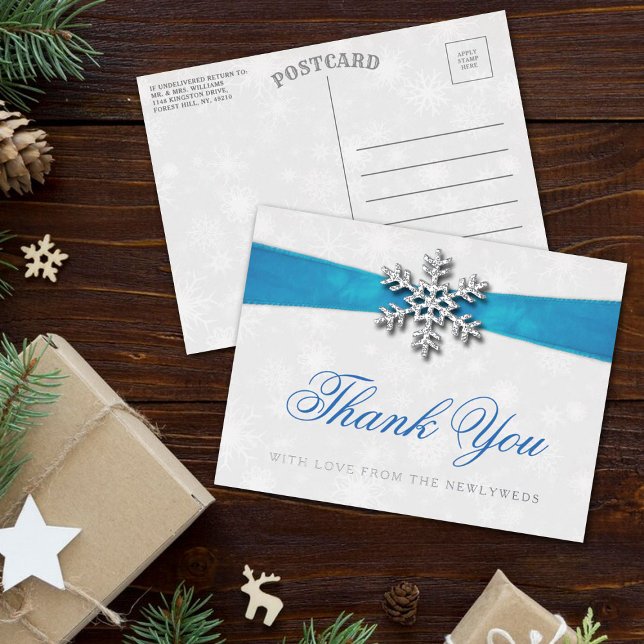 Carte Postale D'invitation À Feuilles D'aluminium Diamante Snowflake & Blue Ribbon Mariage d'hiver (Créateur téléchargé)