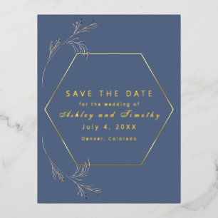 Carte Postale D'invitation À Feuilles D'aluminium Dusty Blue avec Gold Foil Enregistrer la date Cart
