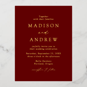Carte Postale D'invitation À Feuilles D'aluminium Élégance Moderne Mariage Bordeaux et Or