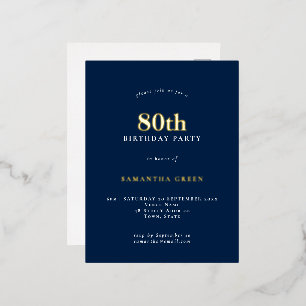 Carte Postale D'invitation À Feuilles D'aluminium Elégant 80e anniversaire de la fête Marine Blue Gl