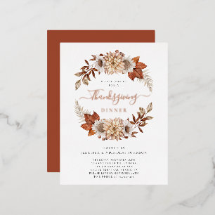 Carte Postale D'invitation À Feuilles D'aluminium Élégant Dîner Thanksgiving En Terracotta