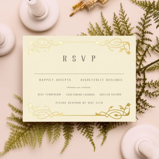 Carte Postale D'invitation À Feuilles D'aluminium Elégant Gold Foil Art Nouveau RSVP (Créateur téléchargé)