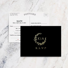 Carte Postale D'invitation À Feuilles D'aluminium Élégant Monogramme Wreath Wedding RSVP Real
