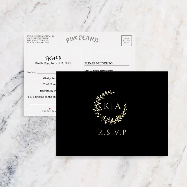 Carte Postale D'invitation À Feuilles D'aluminium Élégant Monogramme Wreath Wedding RSVP Real (Créateur téléchargé)