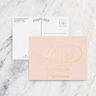 Carte Postale D'invitation À Feuilles D'aluminium Élégant Script "Amour" Mariage Merci réel