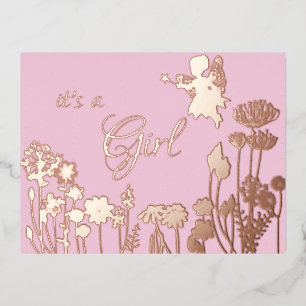Carte Postale D'invitation À Feuilles D'aluminium Faire part de naissance fille licorne rose et or