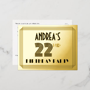 Carte Postale D'invitation À Feuilles D'aluminium Fête d'anniversaire 22 ans ~ Style Art déco “22” +