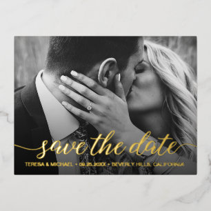 Carte Postale D'invitation À Feuilles D'aluminium Feuille d'or moderne Enregistrer la date Mariage p