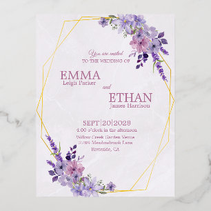 Carte Postale D'invitation À Feuilles D'aluminium Fleurs de nuances de pourpre poussiéreux Mariage g