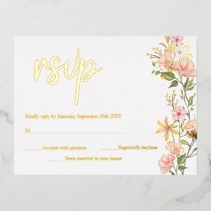 Carte Postale D'invitation À Feuilles D'aluminium Fleurs roses florales printanières Jaunes RSVP or 