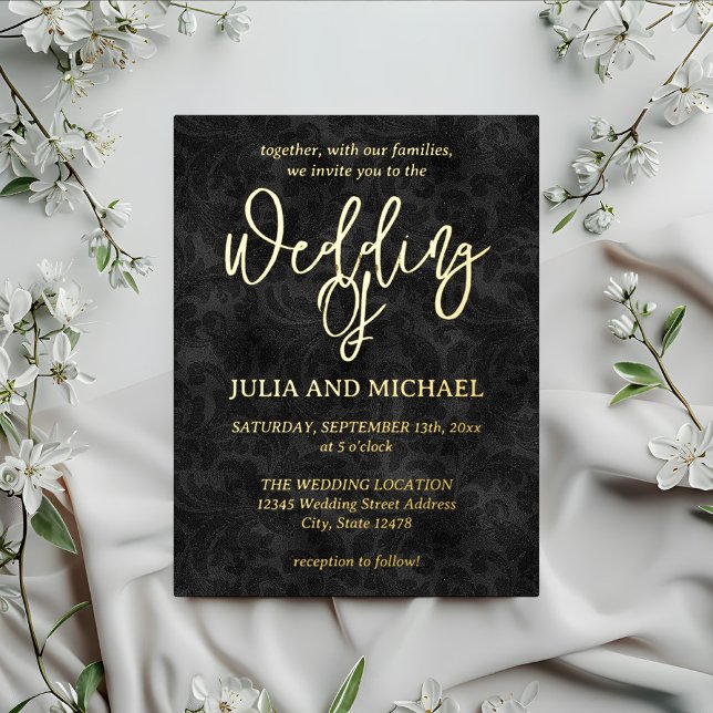 Carte Postale D'invitation À Feuilles D'aluminium Floral gothique noir Mariage (Créateur téléchargé)