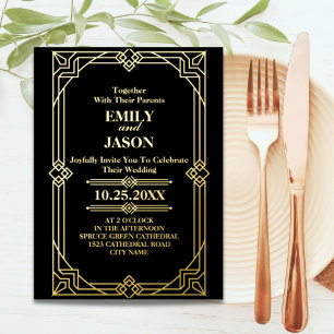 Carte Postale D'invitation À Feuilles D'aluminium Géométrique Or noir grandes portes par mariage Art