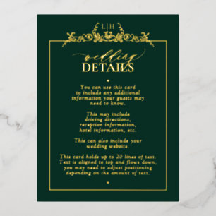 Carte Postale D'invitation À Feuilles D'aluminium Gold Emerald Vert Floral Bordure Monogramme Détail