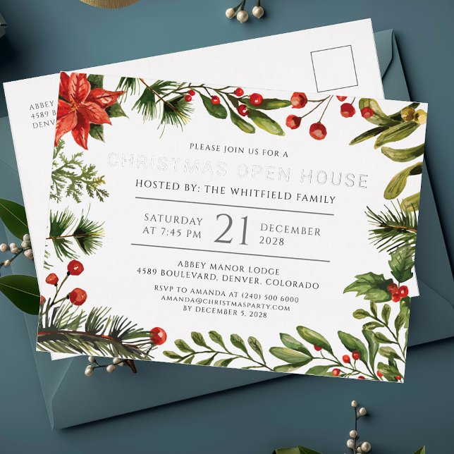 Carte Postale D'invitation À Feuilles D'aluminium Maison ouverte de Noël Botanique Argent (Christmas Botanical Red Berris Party Invitation Card)