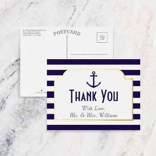 Carte Postale D'invitation À Feuilles D'aluminium Mariage Ancre nautique Merci réel