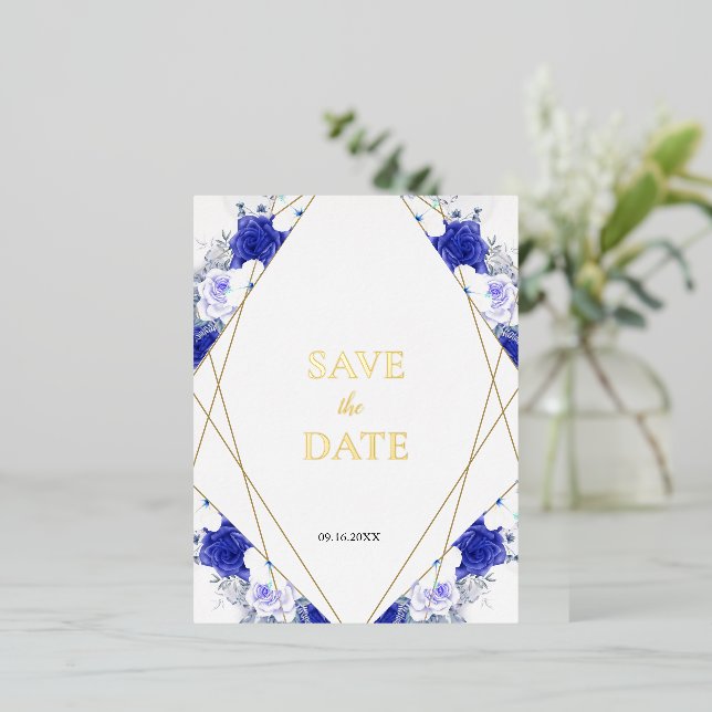 Carte Postale D'invitation À Feuilles D'aluminium Mariage de lettres d'or géométrique bleu bleu mari (Debout devant)