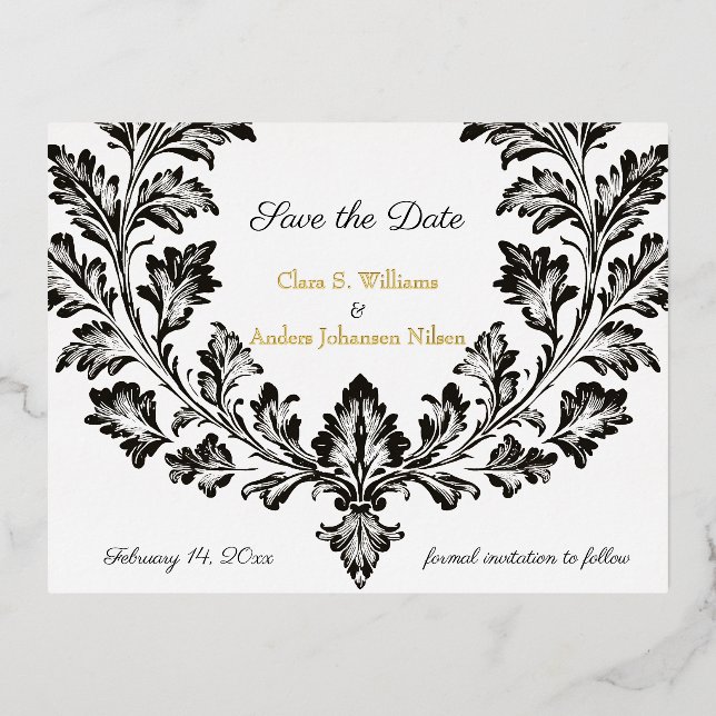 Carte Postale D'invitation À Feuilles D'aluminium Mariage de motif orné, Enregistrer la date, (Recto)