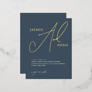 Carte Postale D'invitation À Feuilles D'aluminium Mariage élégant avec écriture en or sur fond bleu