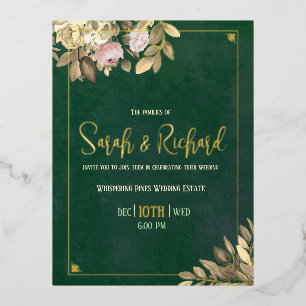 Carte Postale D'invitation À Feuilles D'aluminium Mariage Emerald Green Gold
