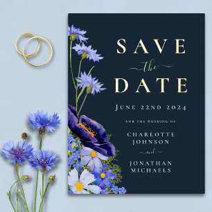 Carte Postale D'invitation À Feuilles D'aluminium Mariage Floral Bleu Élégant Or