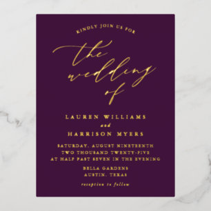 Carte Postale D'invitation À Feuilles D'aluminium Mariage minimaliste violet et or calligraphié