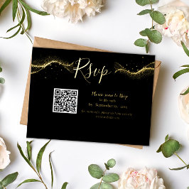 Carte Postale D'invitation À Feuilles D'aluminium Mariage royal noir et or code Qr rsvp