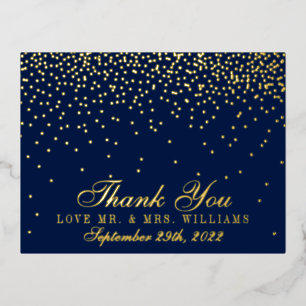 Carte Postale D'invitation À Feuilles D'aluminium Marine Blue & Glam Confetti Mariage Merci Real
