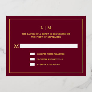 Carte Postale D'invitation À Feuilles D'aluminium Monogramme bordeaux simple Mariage élégant RSVP