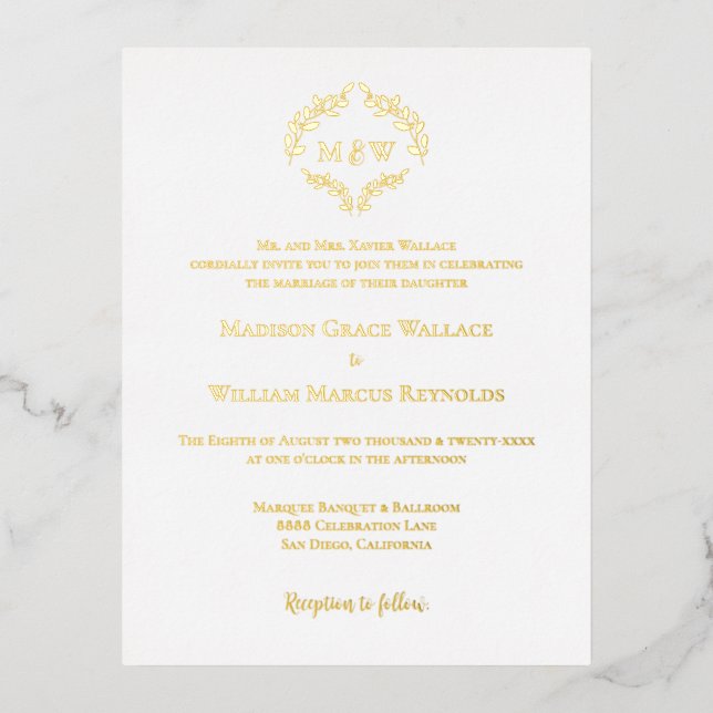 Carte Postale D'invitation À Feuilles D'aluminium Monogramme de couronne d'or élégant Mariage offici (Recto)