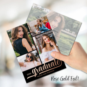 Carte Postale D'invitation À Feuilles D'aluminium Multi Photo Graduation Party