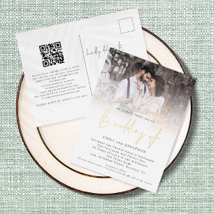 Carte Postale D'invitation À Feuilles D'aluminium Photo moderne QR Code Script Mariage Real