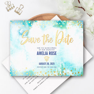 Carte Postale D'invitation À Feuilles D'aluminium Quinceañera Date de sauvegarde Couronne Turquoise 