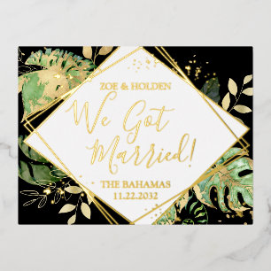 Carte Postale D'invitation À Feuilles D'aluminium Réception de mariage en fuite moderne tropicale