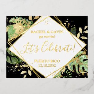 Carte Postale D'invitation À Feuilles D'aluminium Réception de mariage intime tropical noir moderne