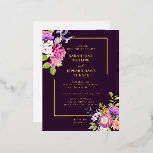 Carte Postale D'invitation À Feuilles D'aluminium Renoncule Fleurie Violet Aubergine