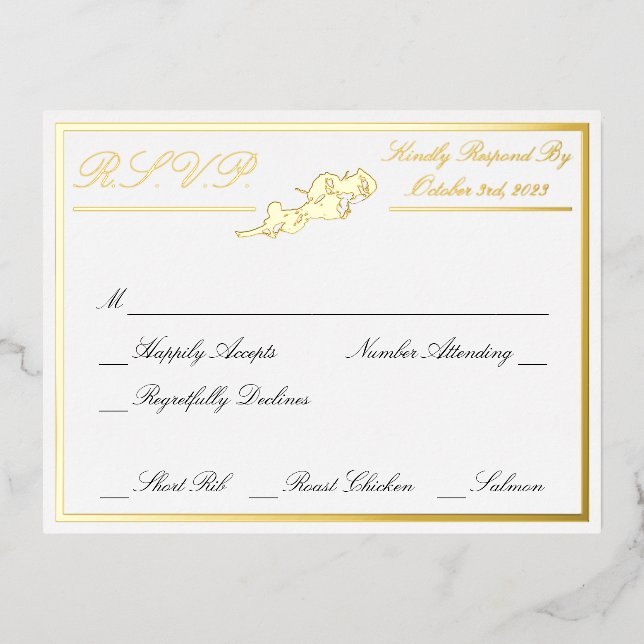 Carte Postale D'invitation À Feuilles D'aluminium Roses, mariage blanc RSVP Gold (Recto)