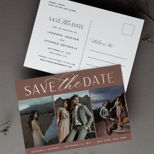 Carte Postale D'invitation À Feuilles D'aluminium Script lisse 3 Mariage photo Enregistrer la date